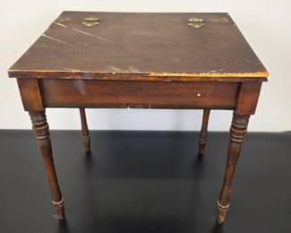 Lot #29 - Antique Slant-Top Doll or Child's Desk with Decorative Metal Hinges and Turned Legs