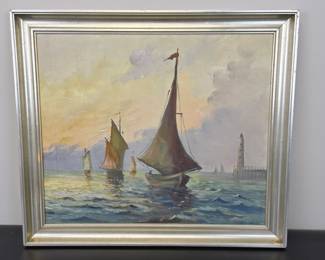 Lot #33 - Vintage Signed Seascape Oil Painting Featuring Sailing Boats and Lighthouse in Silver Frame