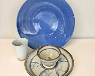 Lot #76 - Vintage Handmade Ceramic Pottery Set with Signed Robin Furuta Blue Glazed Serving Bowl and Speckled Stoneware Pieces