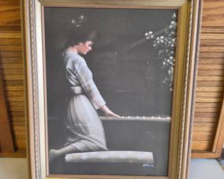 Lot #18 - Vintage Canvas Print "Lady Playing the Piano" in Ornate Brown Frame Attributed to artist David Paragol
