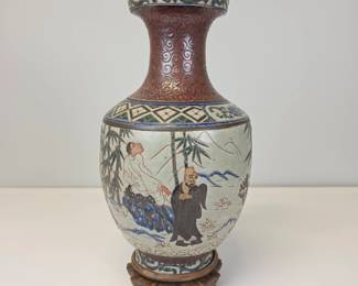 Lot #75 - Vintage Chinese Garden Story Ceramic Vase with Wooden Stand