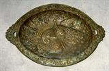Heavy brass dish w/peacock motif, at least 6 to approx. 8 inches long