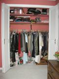 Example of several closets of clothes, women's sizes 10-12 petite, brand names, classic tailored styles from the 1990's, 100+ boxes of women's shoes sizes 7 & 7 1/2, AA & AAA