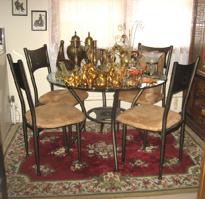 Metal kitchen table & 4 chairs & examples of animal knick knacks