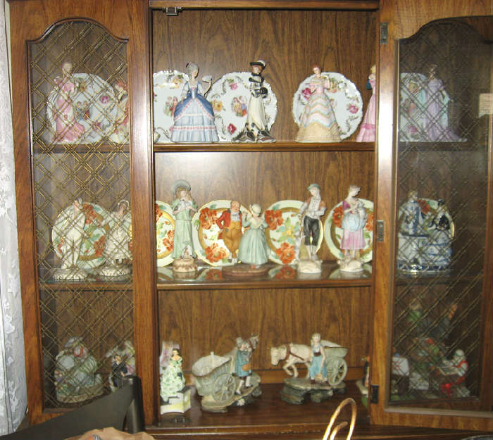 China, painted china, poercelain figurine examples, lighted china cabinet