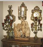 Wall clocks, candle holders, "Coming to the Parson" John Rogers New York signed