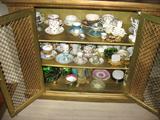Bone china tea cups and saucers collection, wire screen front wine cabinet