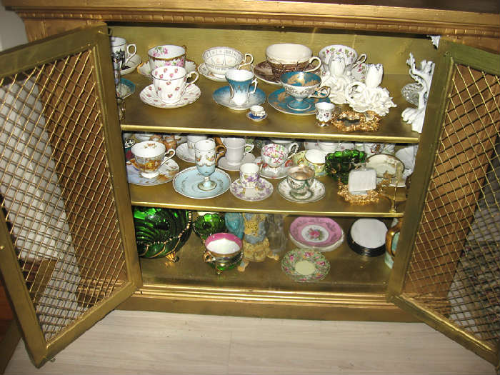 Bone china tea cups and saucers collection, wire screen front wine cabinet
