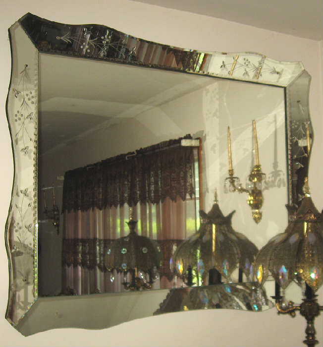 Etched heavy wall mirror, 5 feet wide by 4 feet tall