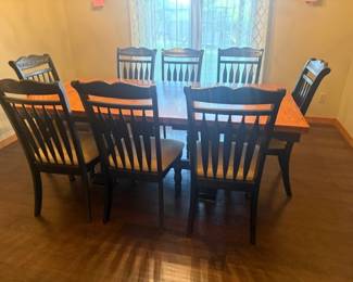 ASHLEY FURNITUERE DINING ROOM SET TWO TONE RUSTIC DESIGN WITH BUILT IN STORAGE LEAF AND 8 ARMLESS CHAIRS