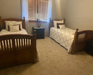 2 TWIN SIZE WOOD BED FRAMES AND BE STACKABLE FOR BUNK BEDS WITH RAIL AND LADDER