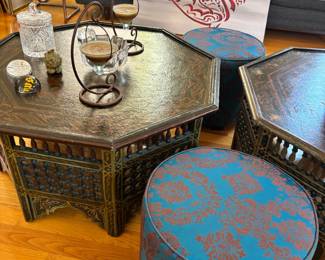 Moroccan poufs, stools , blue ottomans, Moorish style coffee tables
