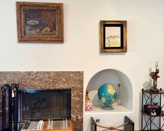 Oil painting, chess set, marble 1950s stand table, fire tools