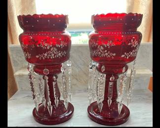 Pair of Antique Victorian Bohemian Ruby Red Glass Mantel Lustres