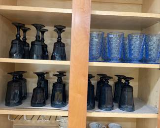 Fostoria "Virginia" Octagon, Dark Blue Goblets, Indiana Glass-Whitehall light blue