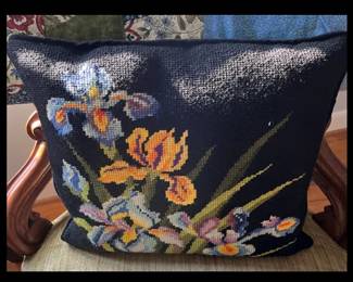 Dutch Iris Floral Bouquet Black Needlepoint Pillow