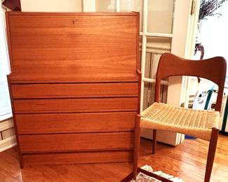 Danish Modern Scandinavian teak wood tall secretary and chair 1960s