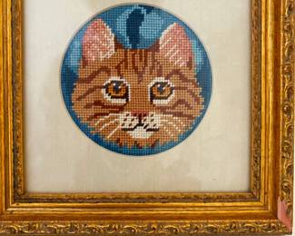 framed vintage cross-stitched tabby cat