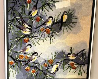 framed needlepoint "The Chickadees"