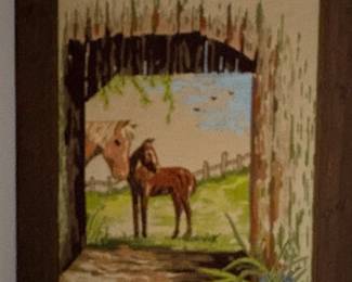 Framed vintage "Mare and Colt" crewel embroidery