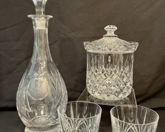 Etched Crystal Decanter, Tumblers, Jar
