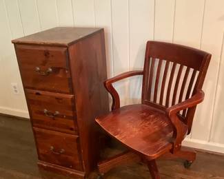Antique Wooden File Cabinet Wheeled Chair