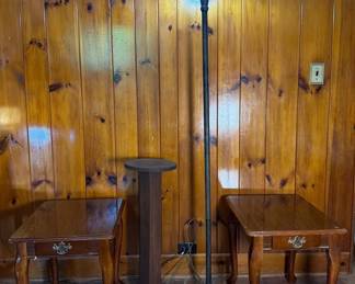 Matching Wooden End Tables With Pullout Drawer Wood Pedestal And Large Metal Floor Lamp