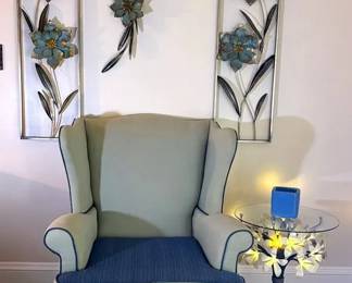 2Tone Blue Wingback Accent Chair, Vintage Glass Floral Light Up Table, Decorative Wall Set Candle