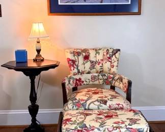 Vintage Floral Channel Back Chairottoman Pedestal Table,Philip Philbeck Signednumbered Old Salem