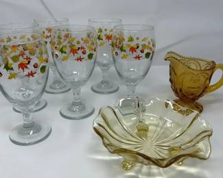 Libbey Set Of 6 Autumn Leaves Acorns Water Goblets Amber Glass Creamer Pitcher And Trinket Dish
