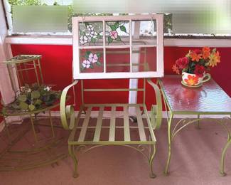 Metal Sage, Green Armchair, With Glass, Top Side Table, And Metal Three Tier Plant Stand.
