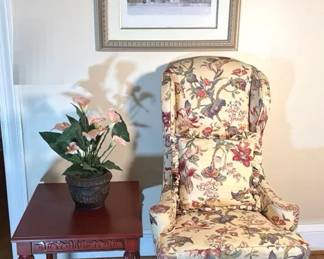 No Name Floral Design Tan Color Arm Chair , Reddish Color Side Table John Furches Print,Lilly Vace