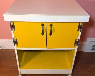 Vintage Yellow White Mobile Cabinet On Brass Casters Metal Hardware