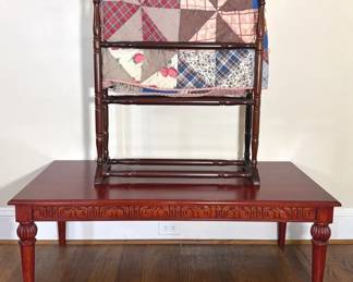 Dark Wood Coffee Table With Carved Apron And Flooded Legs Hand Sewn Quilt Rack