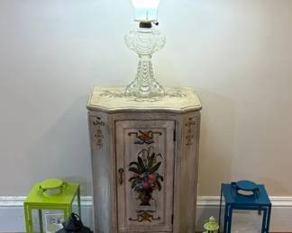 Corner Cabinet With Painted Design ,Glass Bass Lamp Battery Operated Lanterns