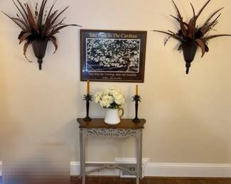 Bob Timberlake Picture Hall Way Table Wall Decor With Case And Metal Palm Tree Candle Sticks