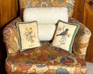 vintage Pennsylvania House upholstered lounge chair features a vibrant orange and blue floral patter