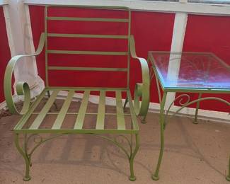 Vintage Green Wrought Iron Table And Chair