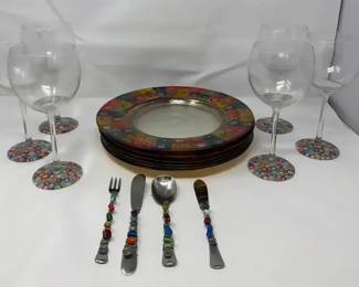 Berkeley Designs Hand Painted Dinner Plate Abstraction Hand painted Polka Dot Bottom Wine Glass