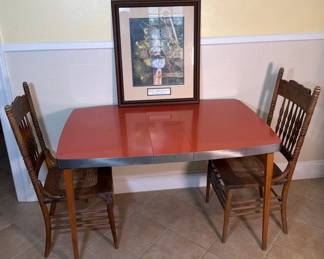 MCM Formica Topped Kitchen Table W Chrome Trim 2 Wooden Lattice Bottom Chairs Bob Timberlake