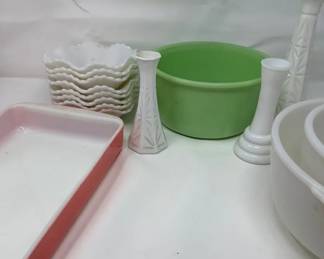 GE Milk Glass Mixing Bowls Flamingo Pink Vintage Pyrex Baking Dish Hoosier Glass Bud Vase More