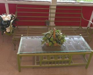 Vintage Sage, Green Metal, Slat, Patio Sofa, Matching Glass Top Coffee Table Planter And Artifici