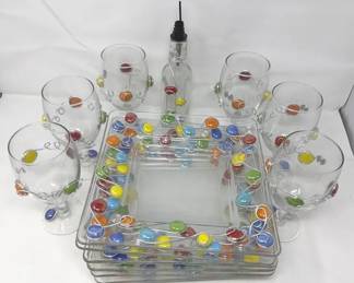 Artisan Fused Glass Dishes Wine Glasses , Featuring Colorful Beaded Wire Wrapped