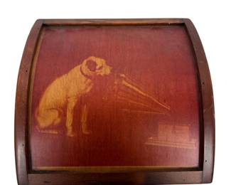 Vintage Wooden Roll-Top Storage Chest Featuring RCA Nipper Gramophone Design