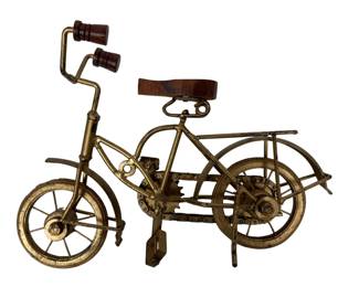 Vintage Metal Bicycle Model Gold Tone Decorative Mini Bike With Wood Seat & Hand Grips