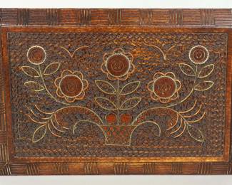 Antique Hand-Carved Wooden Box With Floral Inlay Decoration Folk Art Storage Box