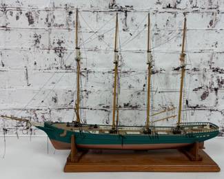 Vintage Forester Four-Masted Schooner Wooden Model Ship On Display Base Project