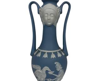 Vintage Blue Jasperware Style Ceramic Vase Figural Woman Face Double Handle Classical Decor