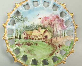 Antique Hand-Painted German Pierced Cabinet Plate Scenic Landscape Wall Display