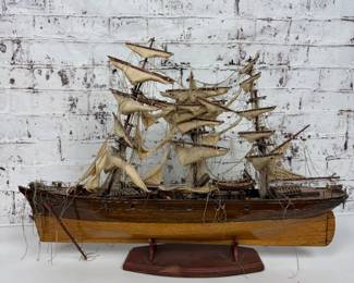Handcrafted Wooden Sailing Ship Model With Detailed Rigging & Display Stand